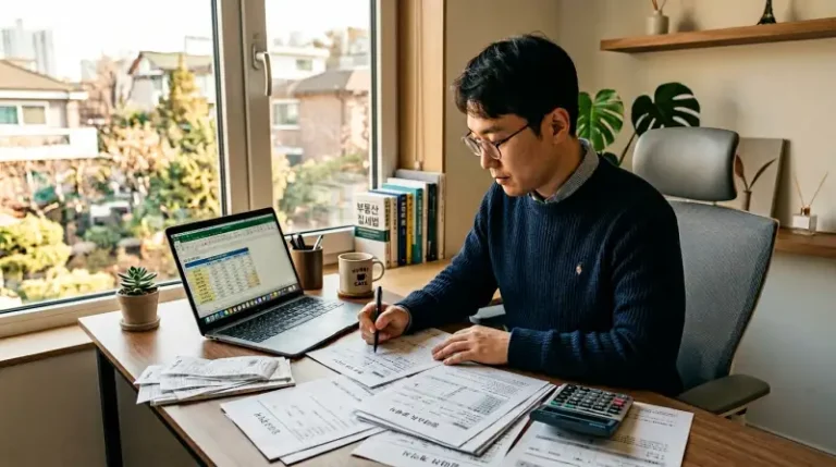 30대 한국인 집주인이 홈오피스에서 월세 세금 서류 검토하는 장면