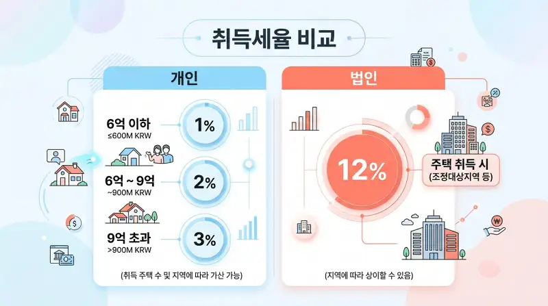  개인 vs 법인 취득세율 비교 인포그래픽