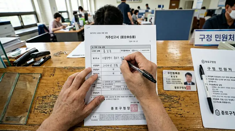 구청 민원창구 거주신고서 작성 오버헤드샷