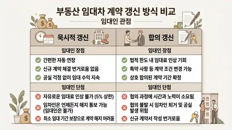 묵시적 갱신 vs 합의 갱신 비교표
