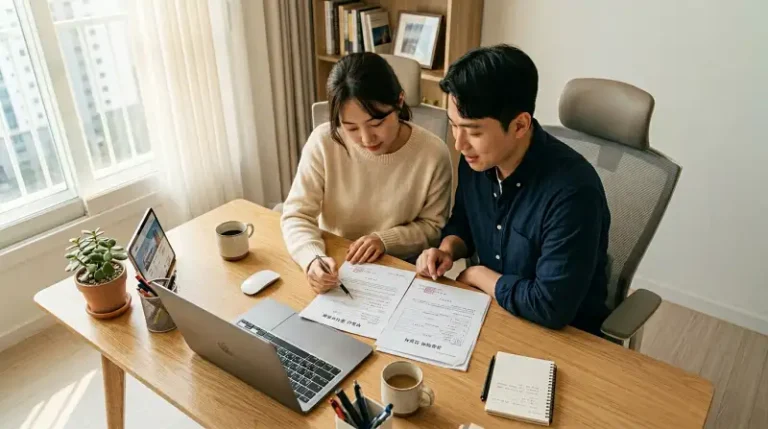 부부가 부동산 등기부등본과 공동명의 신청서를 검토하는 장면