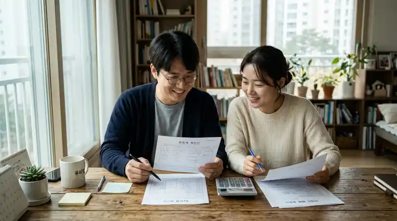 부부의 세금 계산 상담 장면 