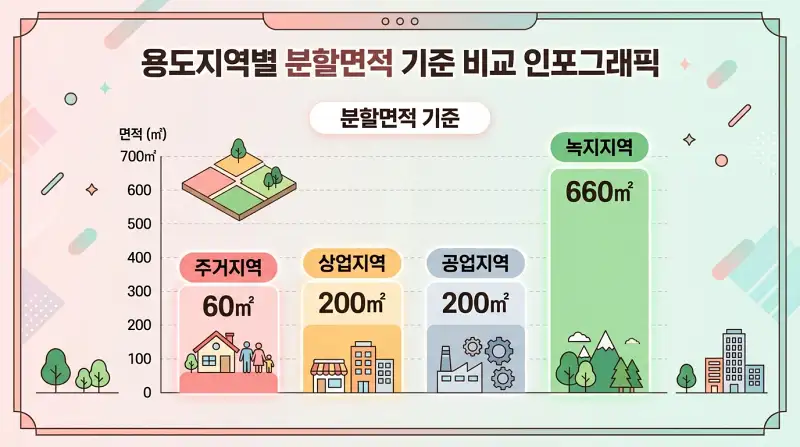 용도지역별 분할면적 기준 비교 인포그래픽 