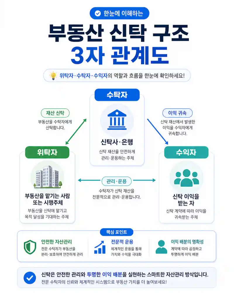 위탁자·수탁자·수익자 구조를 설명하는 3자 관계 다이어그램