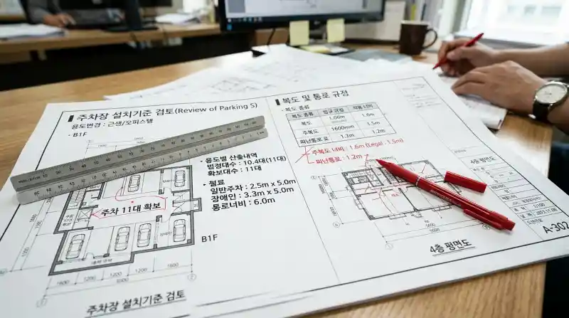 주차 공간 요건과 복도 폭 규격을 비교하는 건축 청사진 클로즈업