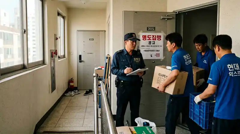'집행관' 배지를 단 법원 집행관과 이사 업체 직원들이 아파트 현관문 앞에 서 있고