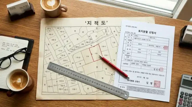 '지적도'와 '토지분할 신청서'가 놓인 부동산 전문가의 책상