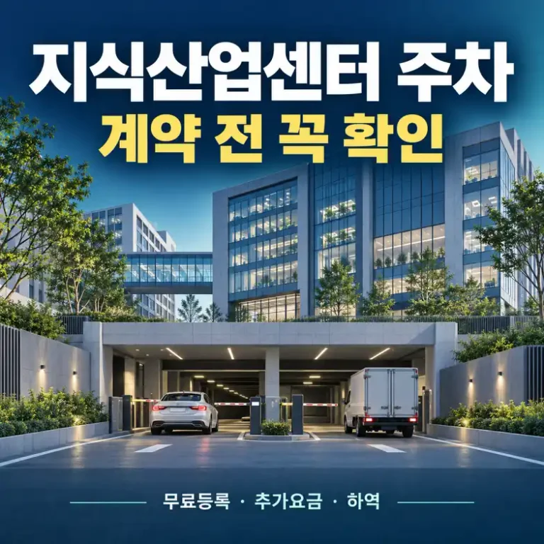 지식산업센터 주차장 입구와 승용차·화물차를 표현한 일러스트