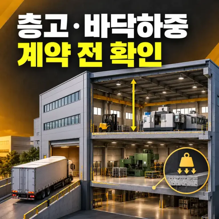 지식산업센터 층고와 바닥하중을 확인하기 위해 설비와 지게차가 놓인 공장 호실 단면