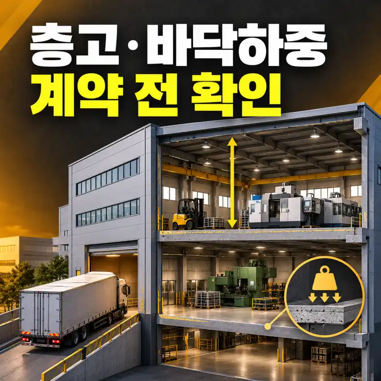 지식산업센터 층고와 바닥하중을 확인하기 위해 설비와 지게차가 놓인 공장 호실 단면
