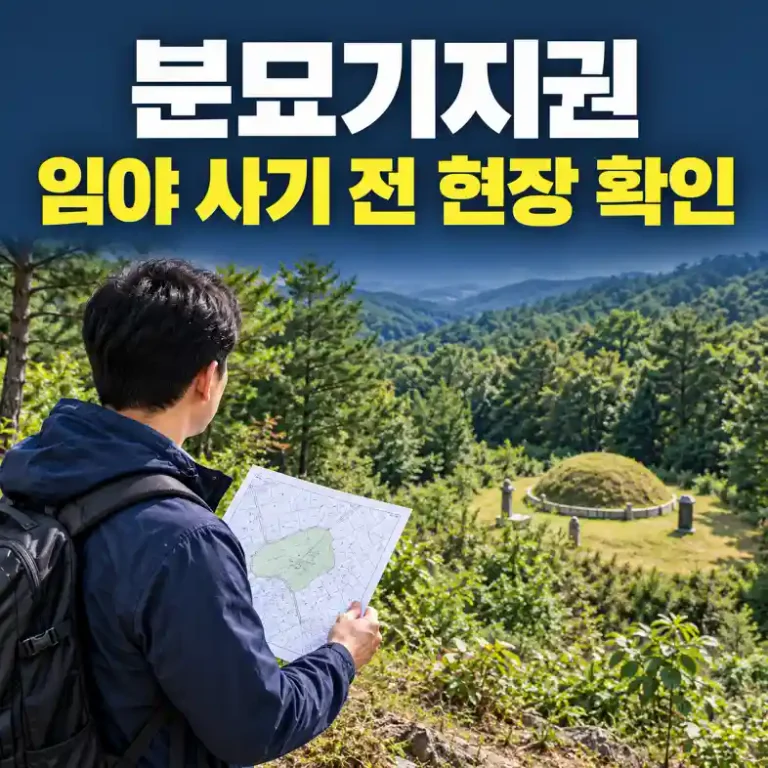 분묘기지권 성립 여부를 확인하려고 임야 현장에서 지적도와 묘지 위치를 대조하는 토지 매수 예정자
