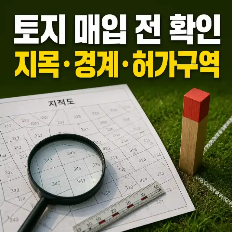 토지 매입 전 확인사항 — 지적도와 경계 말뚝, 돋보기로 지목과 허가구역을 점검하는 장면