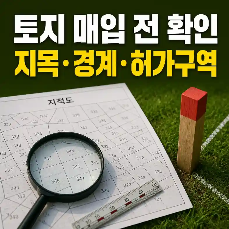 토지 매입 전 확인사항 — 지적도와 경계 말뚝, 돋보기로 지목과 허가구역을 점검하는 장면