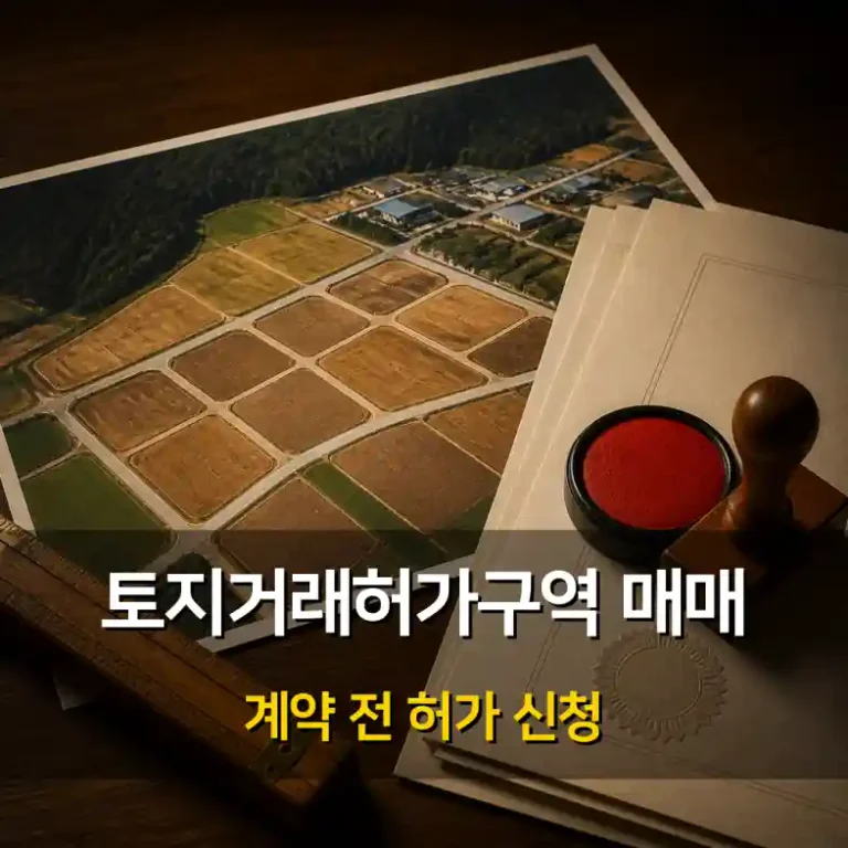 필지가 나뉜 토지 항공뷰와 토지거래계약허가 서류 앞에 허가 여부를 확인하는 매수자